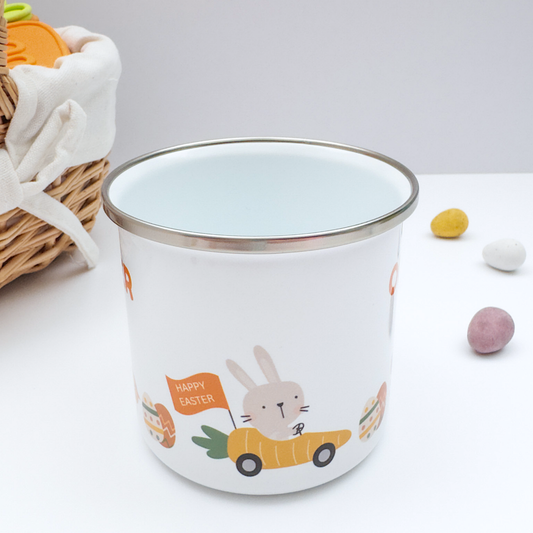 Personalised Easter Bunny & Carrot Cars Enamel Mug