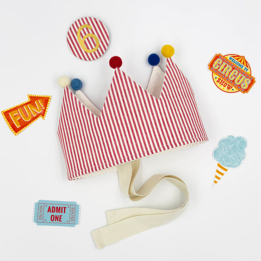 Red Circus Striped Personalised Pom Pom Birthday Crown
