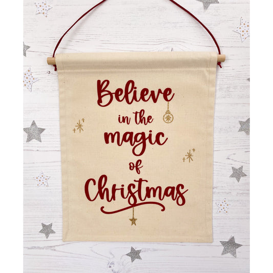 "Believe in the Magic of Christmas" Red & Gold Glitter Wall Banner