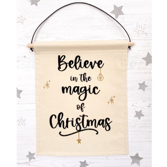 "Believe in the Magic of Christmas" Black & Gold Glitter Wall Banner