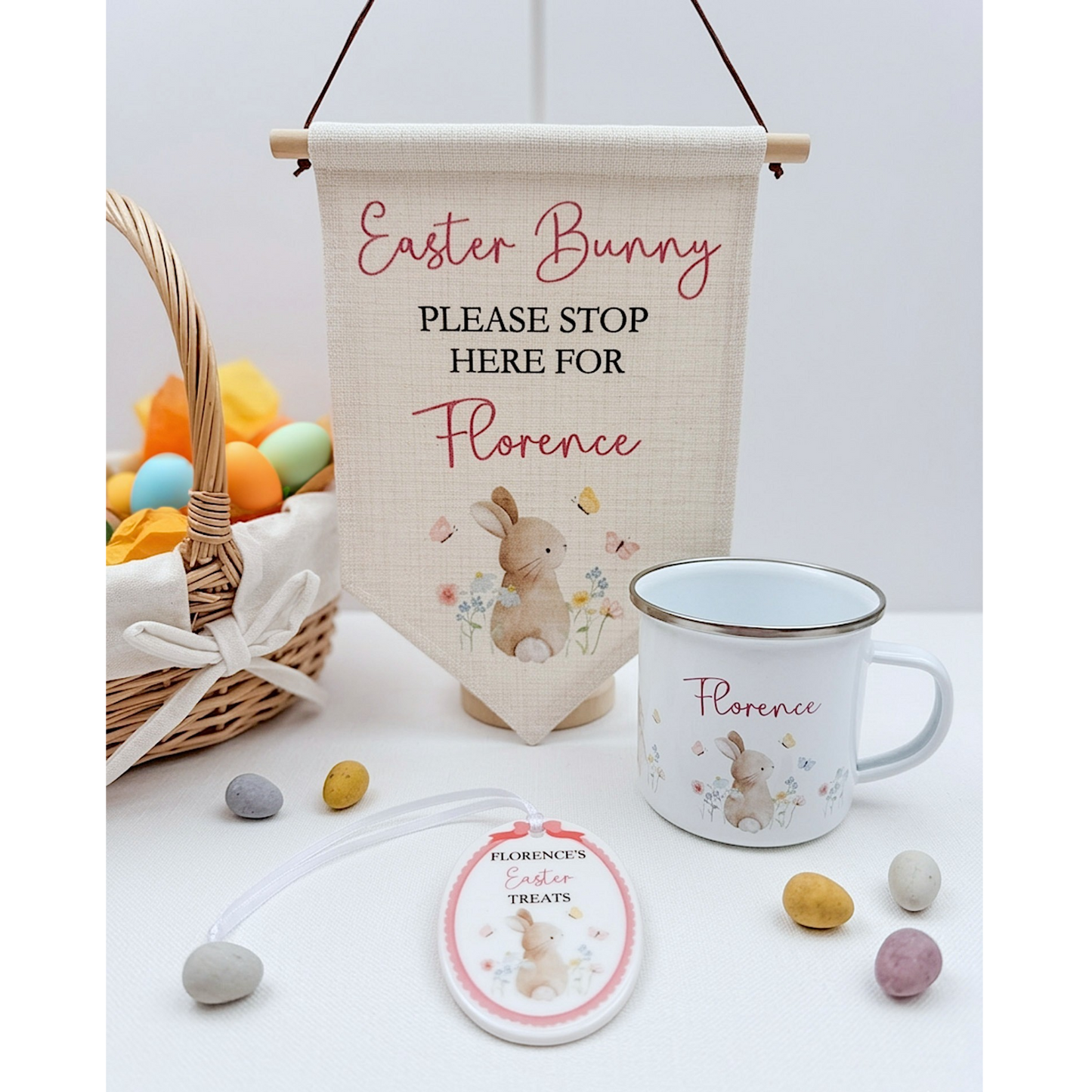 Personalised Watercolour Bunny Enamel Mug - Pink