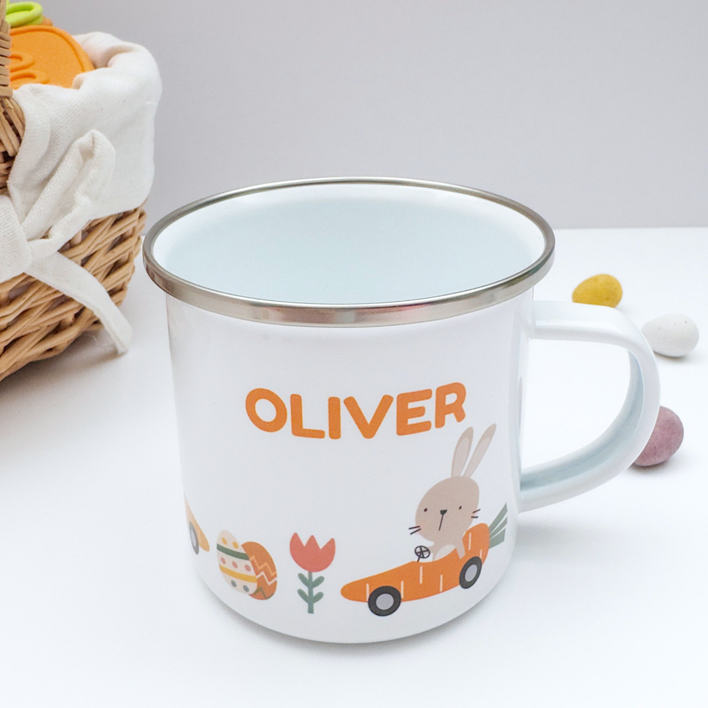 Personalised Easter Bunny & Carrot Cars Enamel Mug