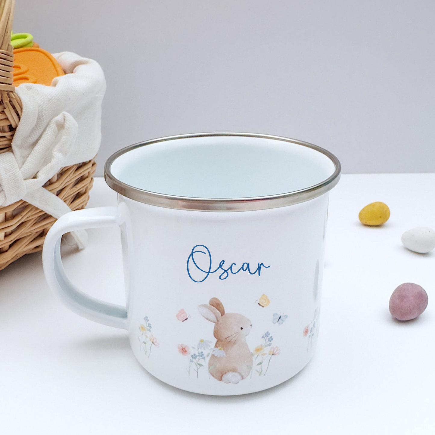 Personalised Watercolour Bunny Enamel Mug - Blue