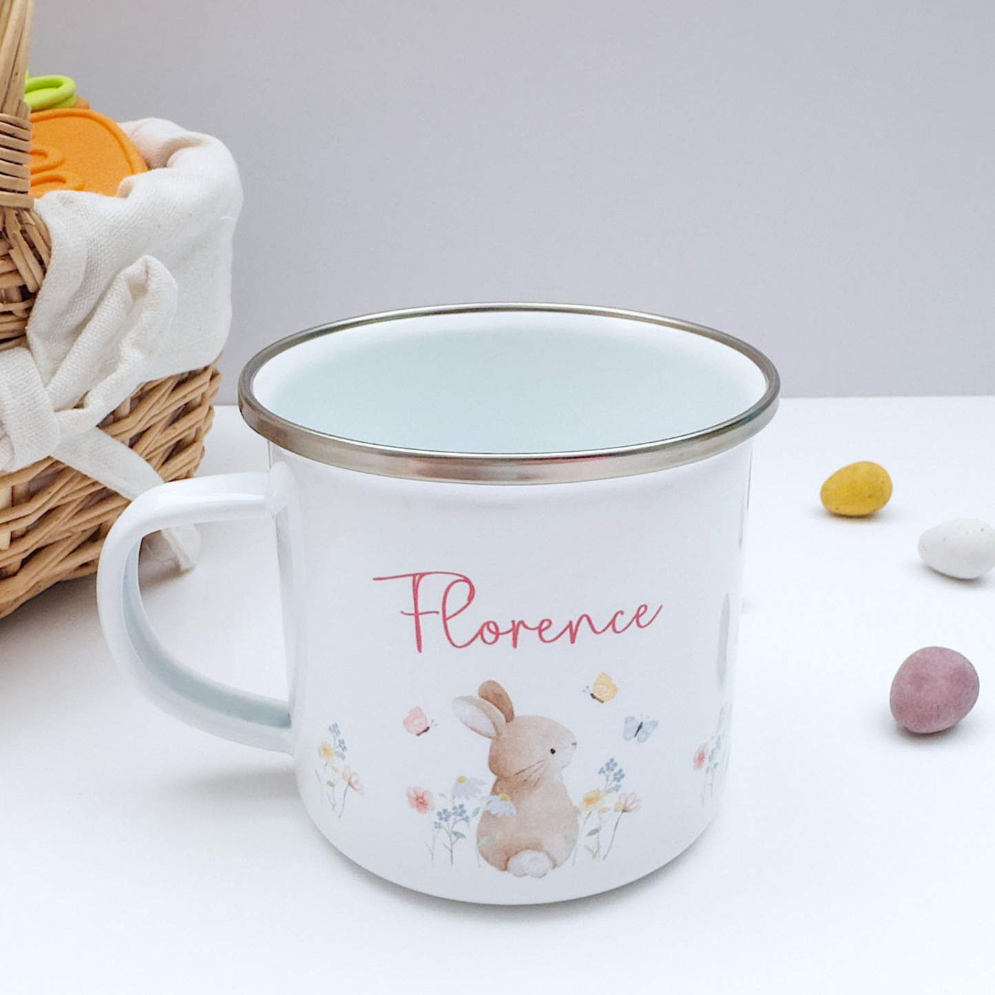 Personalised Watercolour Bunny Enamel Mug - Pink