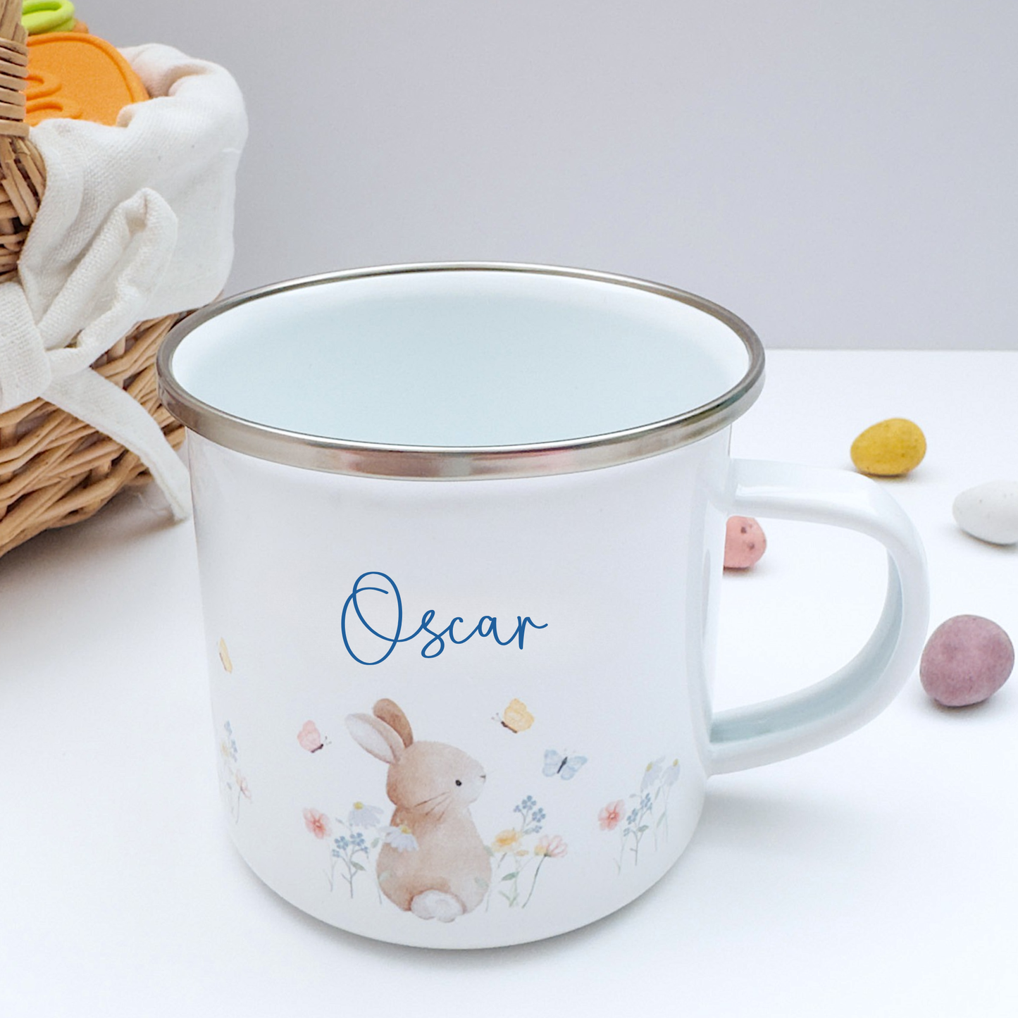 Personalised Watercolour Bunny Enamel Mug - Blue
