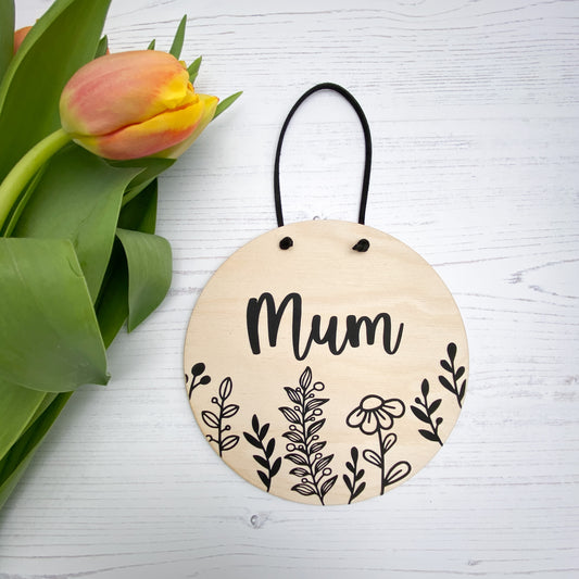 Mum Black Floral Wooden wall sign