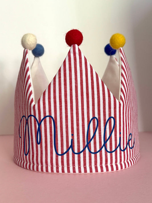 Red Circus Striped Personalised Pom Pom Birthday Crown