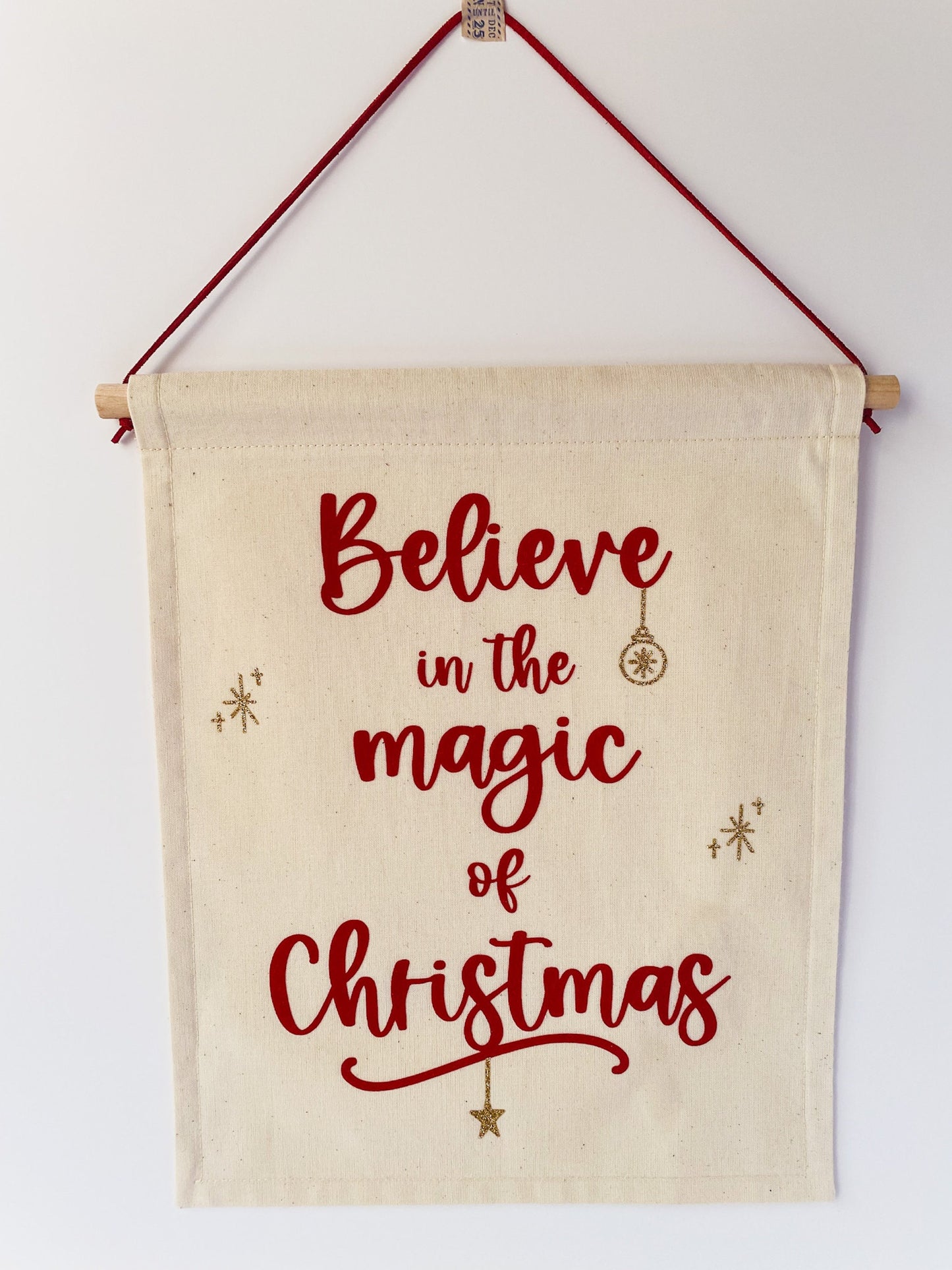 "Believe in the Magic of Christmas" Red & Gold Glitter Wall Banner