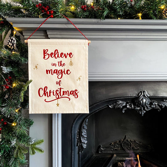 "Believe in the Magic of Christmas" Red & Gold Glitter Wall Banner